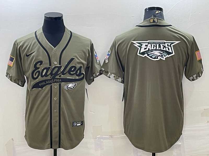 Mens Philadelphia Eagles Olive Salute to Service Team Big Logo Cool Base Stitched Baseball Jersey